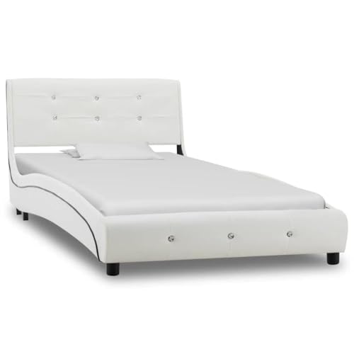 Ziaphsol Weißes Kunstleder Bett mit Matratze, 90 x 200 cm, Robustes Eisenrahmen-Bettgestell, ideal für Schlafzimmer, komfortabel, langlebig, einfach zu reinigen von Ziaphsol