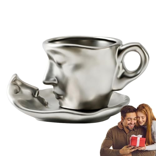 Kuss Tassen, Kuss Kaffeetassen, Keramik Kaffeetassen Set „Kuss-Paar“, 100ml Keramik Kaffeetasse Untertasse,Stereo Gesicht Skulptur Kaffeetasse Teetasse und Untertasse Set Für Inneneinrichtung von Zibeem