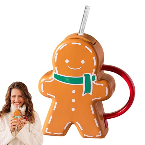 Lebkuchenmann-Tassen – Lebkuchenmann-Tasse, Keramik-Weihnachtskaffeetassen Mit Deckel Und Strohhalm | 450 Ml Weihnachtsbecher von Zibeem