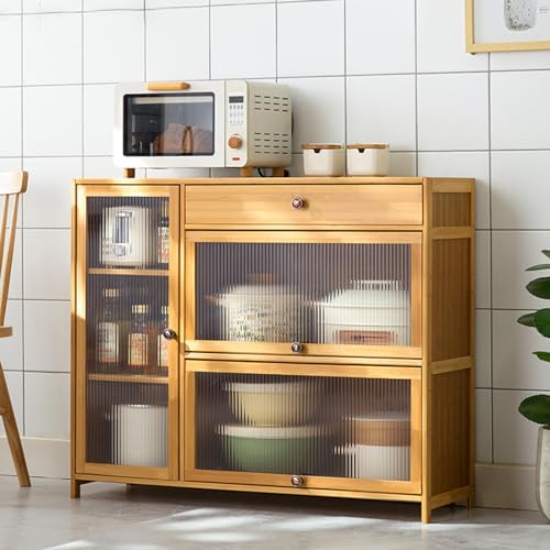 Zickdom Sideboard KüChenschrank KüChenbuffet mit TüRen und Schubladen Buffetschrank KüChekommode Freistehender Schrank Buffetschrank Beistellschrank KüChenmöBel füR Flur KüChe Esszimmer BambusAcryl von Zickdom