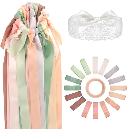 16 pcs Brautstrauß Seidenbänder + Holzring + Spitze Augenbinde Hochzeit Blumenstrauß Bänder Set Kreatives Hochzeitsspiele brautstrauß konservieren für Braut Gäste hochzeitsdeko von Zidoley