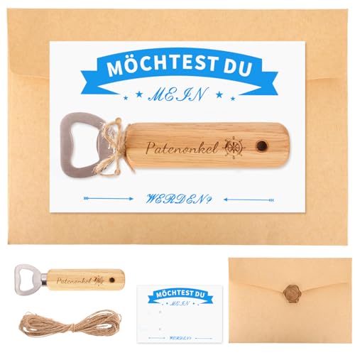 4 Stück Bester Patenonkel Geschenk Set, Patenonkel Fragen Flaschenöffner Taufpaten Naturholz Bieröffner Kapselheber, Möchtest Du Mein Patenonkel Werden Karte, Holzgriff Öffner Geschenke für Taufp von Zidoley
