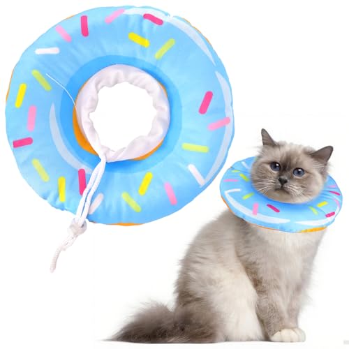 Halskrause Katze, Soft Einstellbarer Katzenhalskragen, Halskrause für Katzen (S/M/L), Effektiver Schutz vor Belecken, Katzen und kleine Hunde nach Operationen (Blauer Donut, M (Hals:17-27cm)) von Zidoley