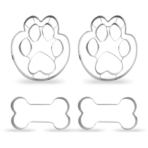 Pfote Ausstecher, 4 Stück Hunde Knochen Ausstechformen Set, Edelstahl Hundepfote Cookie Cutter Keksausstecher, Tier Plätzchen Backen Ausstechform, Plätzchenausstecher Geschenke für Kinder von Zidoley