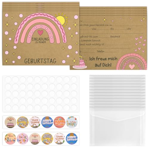 Zidoley 12 x Einladungskarten Kindergeburtstag Mädchen, Einladungskarten Geburtstag Junge, Kraftpapier Regenbogen Geburtstagseinladungen Kinder, DIY Partyeinladungen für Geburtstage (12 x Karten Set) von Zidoley
