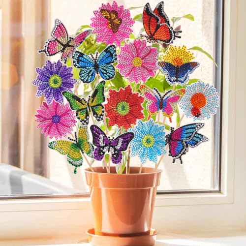 Zidoley 16 Stück Diamond Painting Kinder Erwachsene, 8 Stück Schmetterling & 8 Stück Blumen Diamond Painting Kit, Bastelset Kinder Zubehör, Gärten & Blumen Deko, Kreativ Geschenke für Mädchen Frauen von Zidoley