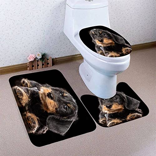 Dackel Hund rutschfeste 3 Teilig Badteppich Set 3D Drucken Tier Hund Badezimmer Teppich U-förmigen Contour Matte und WC Vorleger Badematte Soft Waschbar Badvorleger (40*60cm) von Zifarm