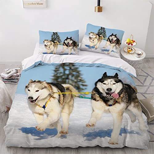 Zifarm Bettwäsche 135x200cm Schlittenhund Bettbezug 3-teiliges Set weiches ästhetisches Mikrofaser Reißverschluss Süßer Welpe Bettbezug mit 2 Kissenbezügen für Einzelbett Jungen Baby Kind von Zifarm