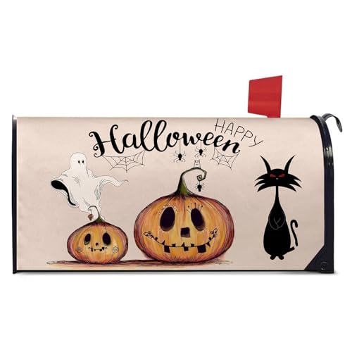 Zifmrtrwn Halloween-Briefkastenabdeckungen, Kürbis-Geist, schwarze Katze, Briefkasten, Bucht, magnetisch, wasserdicht, für Außenbereich, Hof, Garten, übergroße Halloween-Briefkasten-Dekoration, 64,8 x von Zifmrtrwn