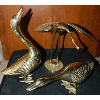 2" Poliert Messing Gänse & Ein Polierter Single Heron - Schwere Vögel, Enten, Egret, Crane, Skulptur Figuren" von ZiggyzAttic