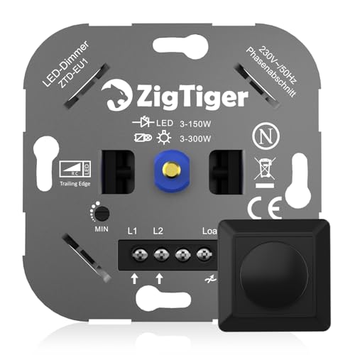 Zigtiger Dimmer Schalter, LED Dimmer 230V, Unterputz Dimmschalter, Drehdimmer für Dimmbare LED 3-150W & Halogen 3-300W, Dimmer für Lampen, Phasenabschnitt, Ohne Klemmkrallen, 3 Jahre Garantie, Schwarz von Zigtiger