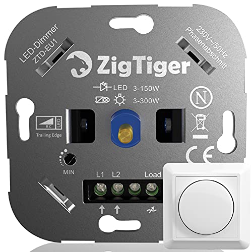 Zigtiger LED Dimmer Schalter,Dimmer für LED Lampen, LED Dimmer 230V Dimmschalter, Drehdimmer für Dimmbare LED 5-150W & Halogen 5-300W, Ohne Klemmkrallen, Phasenabschnitt,Milchweiß von Zigtiger