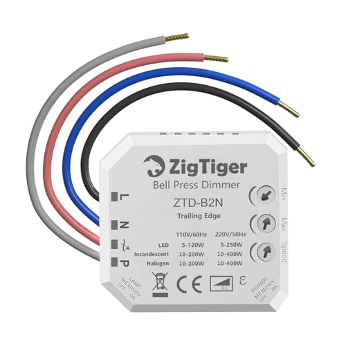Zigtiger dimmer für led lampen mit N-Anschluss, led dimmer trailing edge geeignet für LED 5-250W, HAL/INC 10-400W, Dimmer Schalter Hinterkante (weiß) von Zigtiger