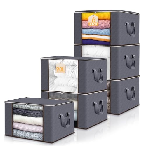 Zikenis 6 Stück 90L Aufbewahrungstasche,Aufbewahrungsbox mit Deckel,Faltbare Kleideraufbewahrung Umzugskartons mit Verstärkt Griff, Kleiderschrank Organizer,für Kleidung Bettdecken und Bettwäsche,Grau von Zikenis