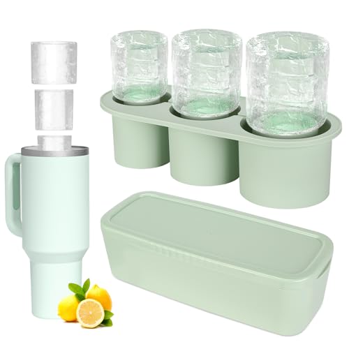 Zikenis Eiswürfelform für Stanley Cup,3 Fach Thermobecher Eiswürfelbehälter,Eiswürfelbehälter Silikon mit Deckel und Behälter,BPA-frei,Eiswürfel für 40 Oz Tumbler Becher,Eisgetränk,Saft,Whiskey(Grün) von Zikenis