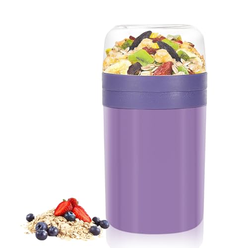 Zikenis Müslibecher to Go 520ml+250ml,2in1 Joghurtbecher to Go,Praktischer Joghurtbecher to Go,Cornflakes to Go,Doppelschicht Auslaufsicherer Joghurtbecher,für Schule,Arbeit,Reisen (Lila) von Zikenis