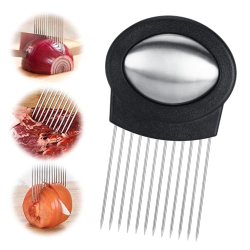 Zikenis Schneiderhalter für Zwiebeln aus Edelstahl,Schneidehilfswerkzeug,Food Slice Assistant,Gemüse Kartoffelschneider Slicer mit Geruchsentferner,Zum Schneiden von Tomaten,Fleisch,Zitronen (Schwarz) von Zikenis