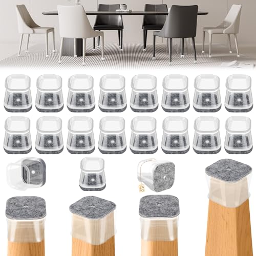 Zikenis Stuhlbeinkappen Eckig,24 Stück Schutzkappen für Stuhlbeine,Transparent Silikon Stuhl Beinprotektoren,Schutzkappen für Stuhlbeine mit Filz,Zum Schutz von Böden Heimfilzpads(Fit:26-38mm) von Zikenis