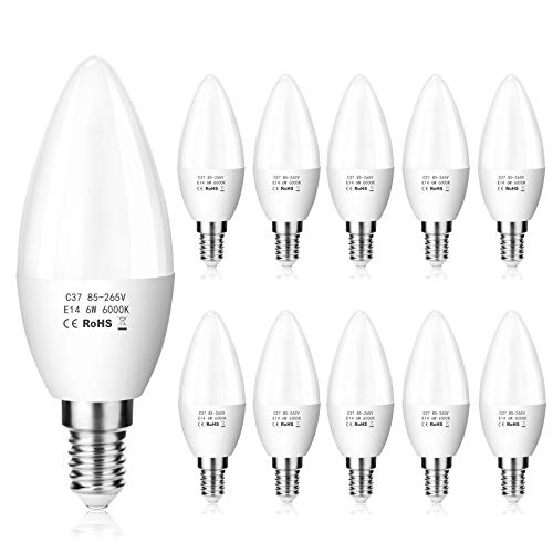 ZIKEY E14 LED 6W Kerze Glühbirne, 600 lm, 6000K Kaltweiß, Ersetzt 50W Lampe, C37 LED Leuchtmittel, Kleine Edison Schraube | Nicht dimmbar, 10er Pack von ZIKEY