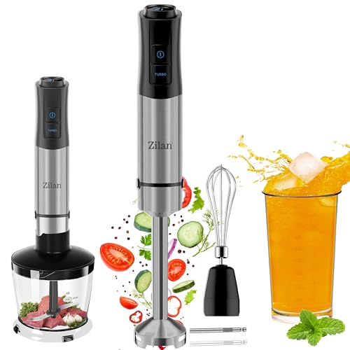 5-in-1 Stabmixer Set 1200 Watt Pürierstab, Zerkleinerer, Schneebesen, Milchaufschäumer, Messbecher Leistungsstarker Handmixer, Häcksler 12 Geschwindigkeiten Turbo zum Pürieren der härtesten Zutaten von Zilan
