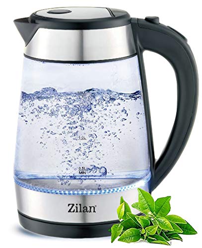 Edelstahl Glas Wasserkocher | 2200W | 1,7 Liter| Kalkfilter | BPA Frei | Blaue LED-Beleuchtung | 360 Grad | Kettle | Teekocher | Wasserkessel | Wasseraufbereiter von Zilan