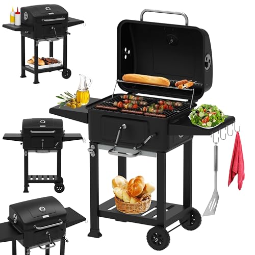 Holzkohlegrill XXL mit Deckel Standgrill große Grillfläche Grillwagen höhenverstellbarer BBQ Grill Kohlewanne Thermometer Ablagefläche Aschebehälter Lüftungssystem für Garten Terrasse Balkon von Zilan