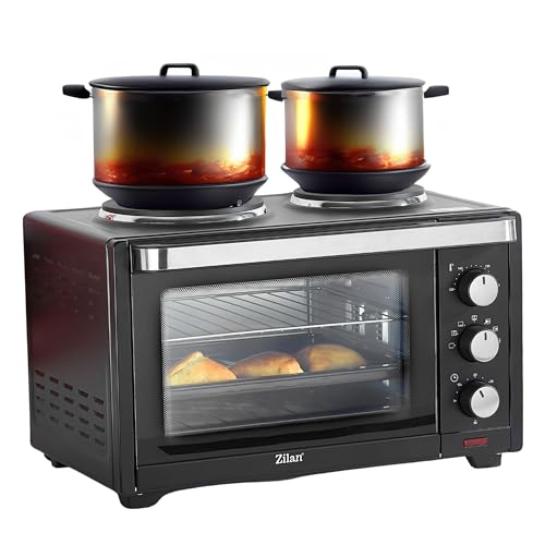 Mini Backofen mit Herdplatten 28 Liter | Elektrischer Drehspieß | Integrierte Kochplatten | Pizza-Ofen | Minibackofen | Miniofen | 3in1 Backofen | Krümelblech | Ober-/Unterhitze | Energiesparend von Zilan