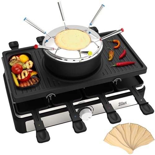 Raclette Grill mit Fondue Set | 8-Personen Tischgrill | Elektro Raclettegrill mit Massiver Naturstein- und beschichteter Grillplatte | Heizelement aus Edelstahl von Zilan