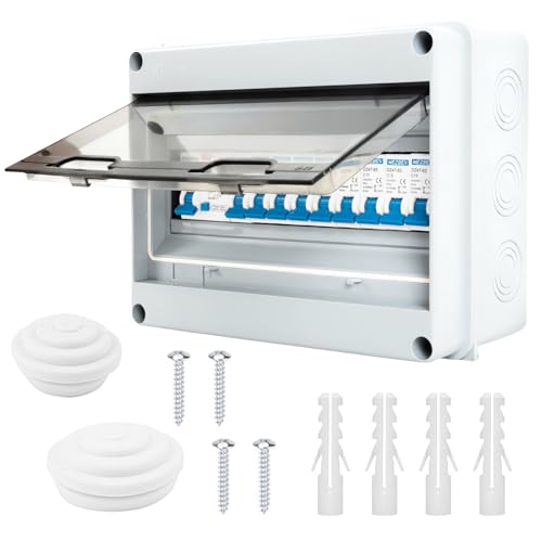 Sicherungskasten 9-Wege, IP65 Wasserdichte Sicherungskasten mit fi Schalter, Mini Sicherungskasten Aufputz für Wohnwagen, Garagen, Werkstätten, 4 x 10 A + 3 x 16 A + 2 x 20A von Zilchx