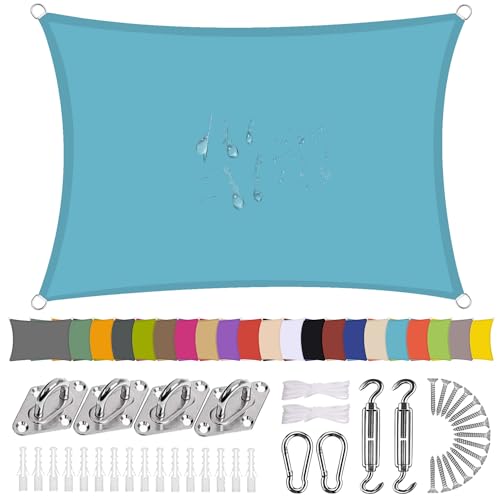 Sonnensegel Rechteck 2 x 4m Wasserdicht Sonnenschutz Balkon Terrasse mit Montagezubehör PES Polyester 98% UV-Schutz Reißfest Wetterfest für Garten Outdoor,Seeblau von Ziligengsheng