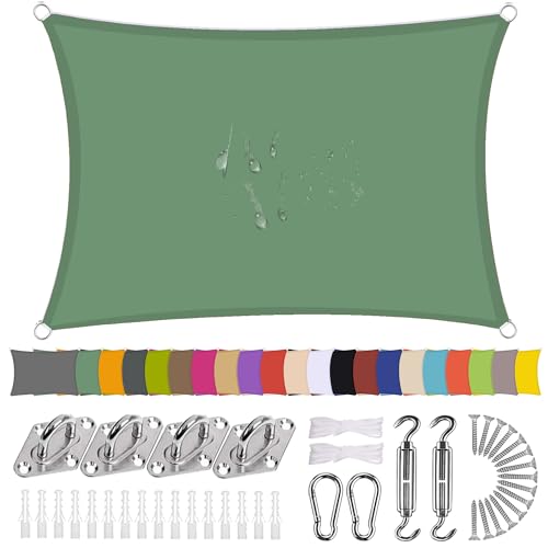 Sonnensegel Rechteck 6 x 7.5m Wasserdicht Sonnenschutz Balkon Terrasse mit Montagezubehör PES Polyester 98% UV-Schutz Reißfest Wetterfest für Garten Outdoor,Dunkelgrün von Ziligengsheng