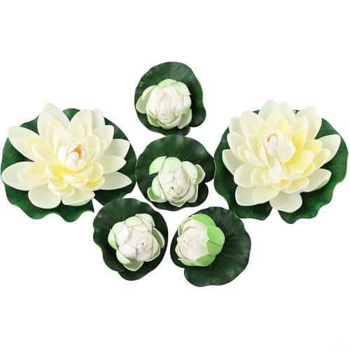 6 Stück künstliche schwimmende Seerosen, realistische Lotusblumen für Teich, Gartendekoration, 2 große (18 cm) – 4 kleine (10 cm) weiße Kunststoffblüten von Zilimontt