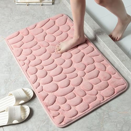 Badezimmer-Fußmatte aus Memory-Schaum, saugfähiges Korallenvlies und rutschfeste PVC-Unterseite, 3D-Kieselstein-Design, für Badezimmer und WC, Rosa Badezimmer-Fußmatte aus Memory-Schaum, saugfähiges Korallenvlies und rutschfeste PVC-Unterseite, 3D-Kieselstein-Design, für Badezimmer und WC, Rosa von Zilimontt