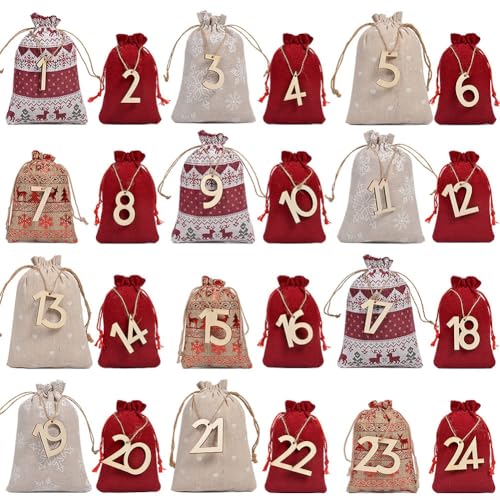 Zilimontt 24 Stück Adventskalender Kordelzugbeutel Set mit Holzanhängern, Clips und Aufklebern, Weihnachten Leinen Baumwolle Geschenktüten zum Aufhängen Dekoration mit 10m Juteseil von Zilimontt