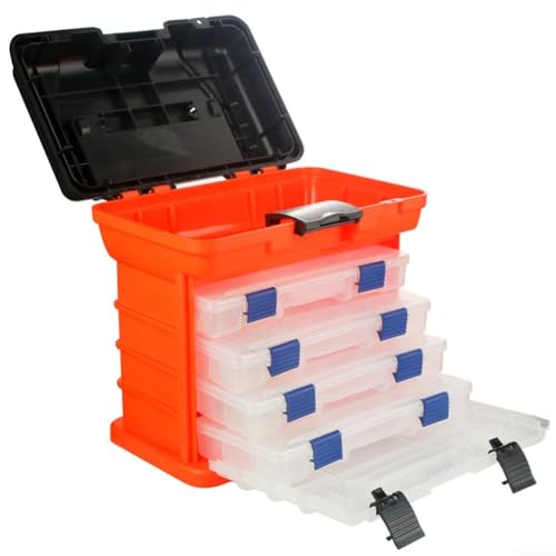 Zilimontt 4-lagige Angelausrüstungsbox mit großem Stauraum, faltbarer Griff-Sitzfunktion, für Rollen und Schnüre, für Angelausflüge im Freien (orange) von Zilimontt