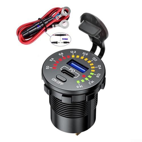 Zilimontt 45 W Dual-USB-Ladebuchse mit LED-Voltmeter-Schalter und Farbbildschirm, QC3.0 und PD-Schnellladeanschlüsse für 12 V-24 V Autos, Motorräder, ATVs, SUVs, (PD-Draht) von Zilimontt