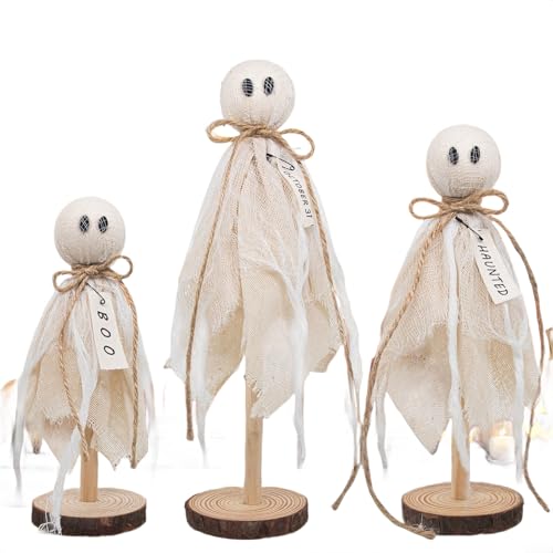 Zilimontt Halloween-Dekorationen aus Holz, Set mit 3 verschiedenen Größen, mit Stoff überzogen, gruselige Figuren, rustikales Bauernhaus, Heimdekoration, Weiß von Zilimontt