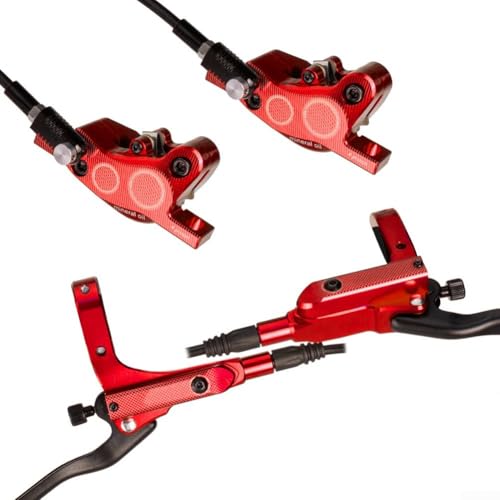 Zilimontt Hydraulische Scheibenbremsen-Set mit 4 Kolben, MTB, Rennrad, Vorder- und Hinterradbremssystem, Aluminium-Legierung, mit Ölrohr, Mountainbike-Bremsset (rot) von Zilimontt