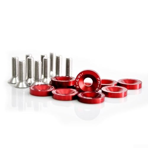 Zilimontt M6 Schrauben-Set aus eloxiertem Aluminium für Auto, Stoßstange, Scheinwerfer, Motorhaubenbefestigung, 10 Schrauben mit passenden 19 mm Unterlegscheiben für Langlebigkeit und (rot) von Zilimontt
