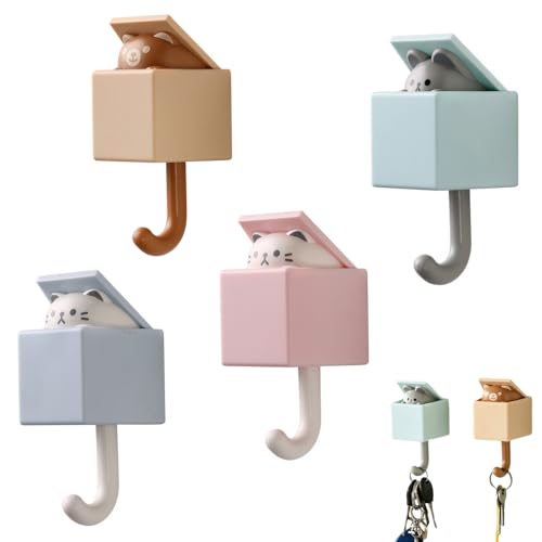 Zillary 4 Stück Tier Wasserfest Haken, Cat Key Hook, Kleiderhaken Kinder, Katzen Schlüsselhalter, Cute Garderobenhaken, Selbstklebend, Creative Haustierhaken, für Handtuch Schlüssel Taschen Hüte von Zillary