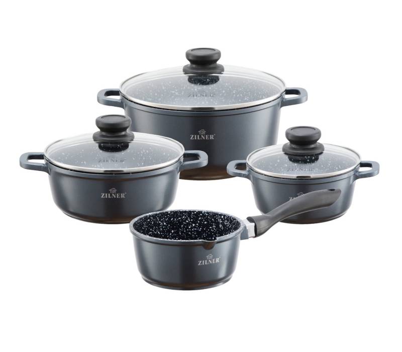 Zilner Topf-Set 8 tlg. Schwarze Topfset mit Marmorbeschichtung, Induktionstöpfe, Aluminium, Edelstahl, Keramik (1.3L / 2.3L / 4.5L / 6.8L, 8-tlg., Eine ideale Geschenkidee! Hochwertig) von Zilner