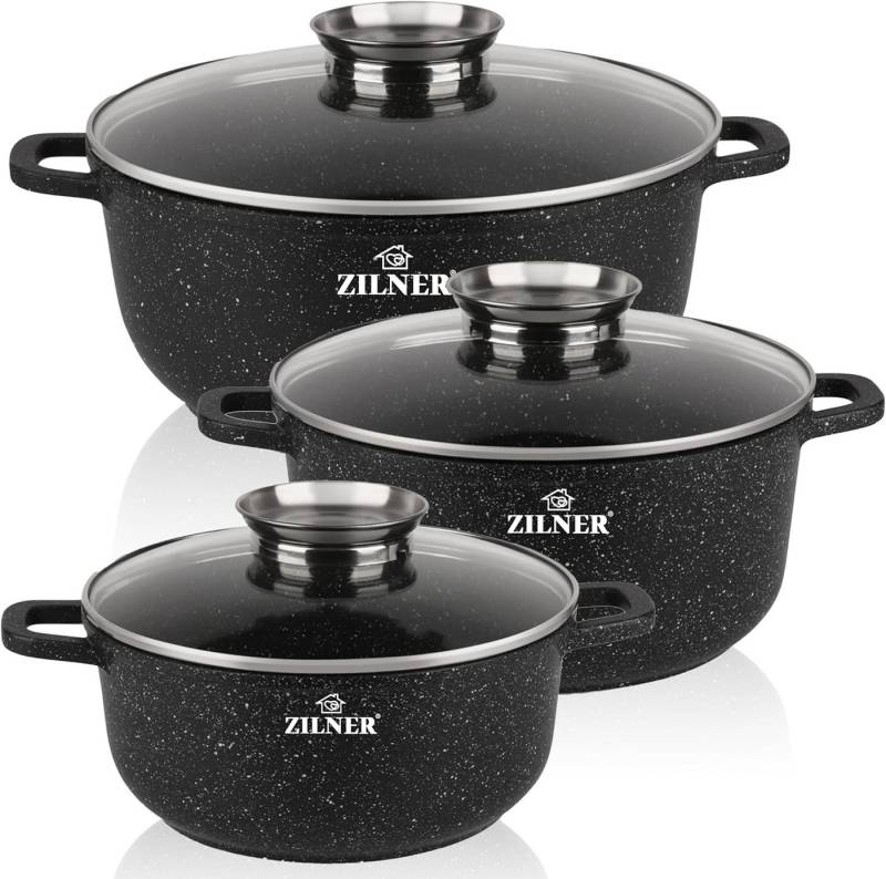 Zilner Topf-Set Schöne Schwarze Steintöpfe in 3 verschiedenen Größen, Aluminiumguss, Aluminium, Keramik, Edelstahl (Passt in jede Küche! 2.1L - 20cm / 4.3L - 24cm / 6.1L - 28cm, 6-tlg., Es ist eine perfekte Geschenkidee für jeden Anlass), Innovative Aroma Knob-Griffe Zilner Topf-Set Schöne Schwarze Steintöpfe in 3 verschiedenen Größen, Aluminiumguss, Aluminium, Keramik, Edelstahl (Passt in jede Küche! 2.1L - 20cm / 4.3L - 24cm / 6.1L - 28cm, 6-tlg., Es ist eine perfekte Geschenkidee für jeden Anlass), Innovative Aroma Knob-Griffe von Zilner