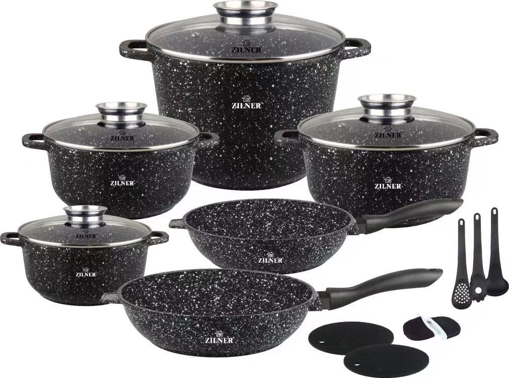 Zilner Topf-Set Schöne graue Töpfe in verschiedenen Größen Pfannen Steinbeschichtung, Aluminiumguss, Aluminium, Keramik, Edelstahl (1.3L / 2.3L / 2.4L / 3.4L / 4.5L / 10.2L, 17-tlg., Es ist eine perfekte Geschenkidee für jeden Anlass. Bestseller-Topfset), Innovative Aroma Knob-Griffe von Zilner
