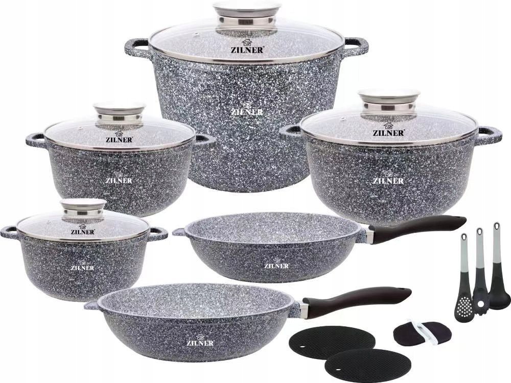 Zilner Topf-Set Schöne graue Töpfe in verschiedenen Größen Pfannen Steinbeschichtung, Aluminiumguss, Aluminium, Keramik, Edelstahl (1.3L / 2.3L / 2.4L / 3.4L / 4.5L / 10.2L, 17-tlg., Es ist eine perfekte Geschenkidee für jeden Anlass. Bestseller-Topfset), Innovative Aroma Knob-Griffe von Zilner