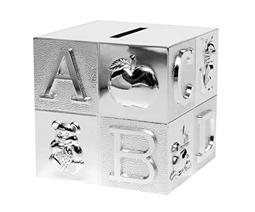 Brillibrum Design Kinder Spardose versilbert Würfel aus Metall anlaufgeschützt personlisierte Geschenkidee zur Einschulung Sparschwein ABC (Gravur bis 15 Zeichen) von Zilverstad