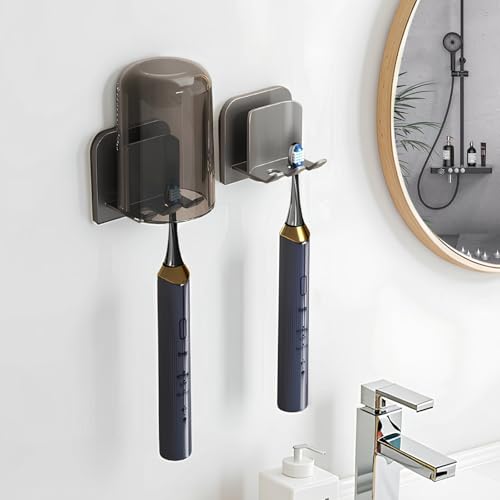 2 Stück Zahnbürstenhalter Wand, Selbstklebender Halter für Zahnbürsten, Ohne Bohren, Wasserfest & Rostfrei – Für Elektrische & Manuelle Zahnbürsten – Platzsparender Wand-Organizer (Graubraun) von Zimoer