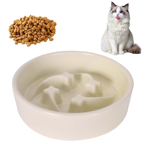Anti Schling Napf Katze aus Keramik, 16x4.3cm Rund Anti Schling Napf Hund Katze, Antischlingnapf mit Meteormuster, Langsam Fütterung Katzennapf Einfach zu Reinigen, für Katzen & Hunde (Weiss) von Zimoer