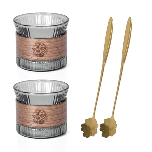 Espressotassen Set 170 ml mit Edelstahl Löffel (Gold) - Hochwertige Espressotasse aus Borosilikatglas, Elegantes Design mit Vertikaler Riffelung, Perfekt für Espresso, Cappuccino & Tee (2er Set) von Zimoer