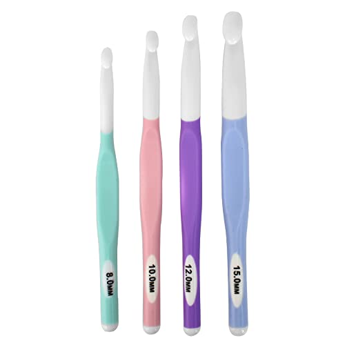 Häkelnadel Set Ergonomisch 4 Stück Häkelwerkzeug mit TPR Komfortgriff und ABS Hakenkopf, 8 mm, 10 mm, 12 mm, 15 mm Nadeln zum Häkeln Stricken Basteln für Anfänger Erwachsene Kinder von Zimoer