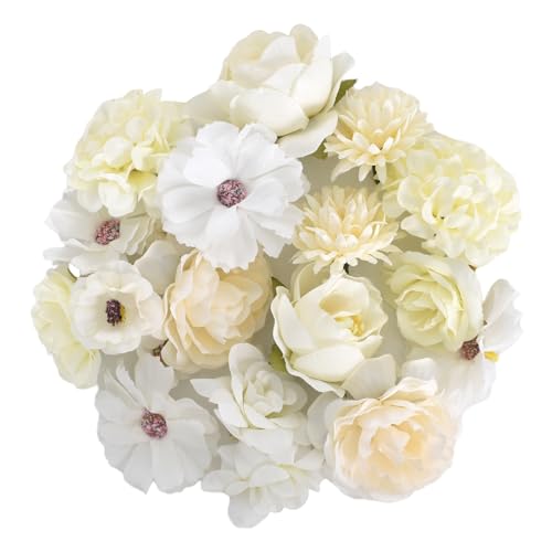 Mini Künstliche Blumen, 20 Stück Künstliche Blumenköpfe Klein Dekorative Kunstblumenköpfe zum Basteln, Rosen Gänseblümchen Pfingstrosen Blumenköpfe für DIY Zuhause, Hochzeit, Party Dekoration (Weiß) von Zimoer